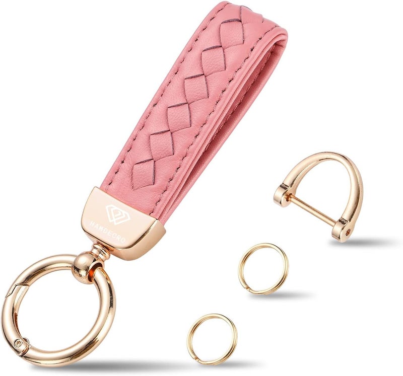 Hamdecro Store Genuine Leather Keychains, Handmade Knit Sheepskin Car Key chain for Women, Universal Key Fob Holder with 360 Degree Rotatable, Anti-Lost D-Ring, 2 Keyrings and 1 Screwdriver – Pink - Image 1